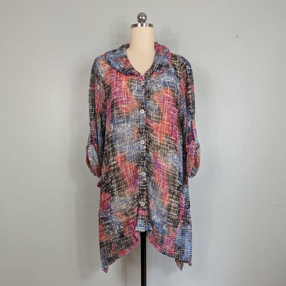 Multiples Button Tunic Top 1X Sheer Duster Artsy Colorful Long Layer Cardigan